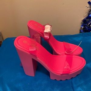 Pink strapped, chunky heel sandals, size 8